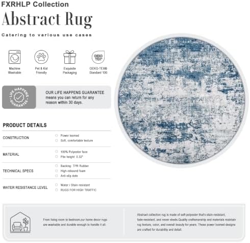 Round Area Rug Living Room: 4 ft Modern Washable Carpet Blue - Image 2