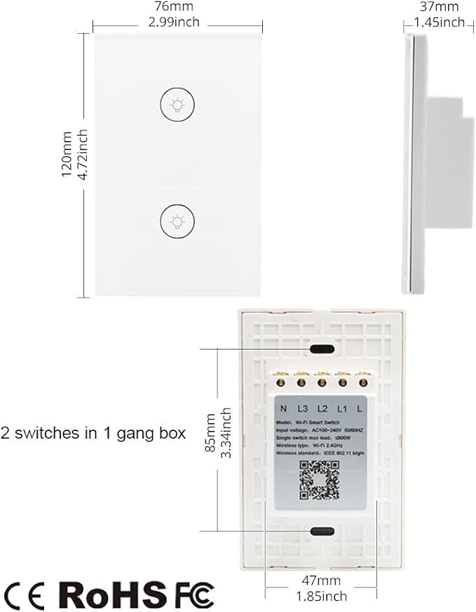 WiFi Smart Wall Touch Light Switch Glass Panel Wireless Remote Control by Mobile APP Anywhere Compatible with Alexa,Timing Function No Hub Required (Wall Switch 2 Gang)