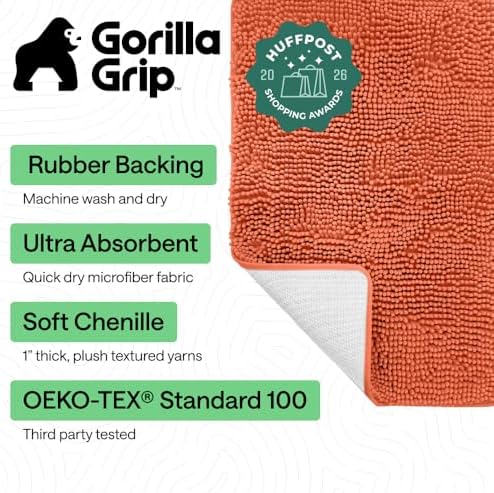GORILLA GRIP Bath Rug Mat for Bathroom, Absorbent Chenille, 24x17 Coral - Image 2