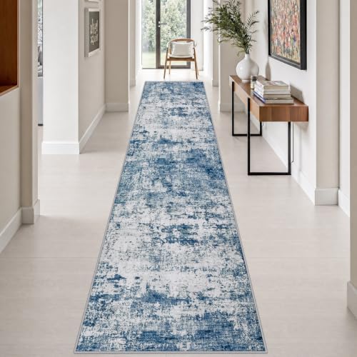 2.6x14 Washable Runner Rug:Modern Abstract Indoor Soft Carpet Blue by FXRHLP