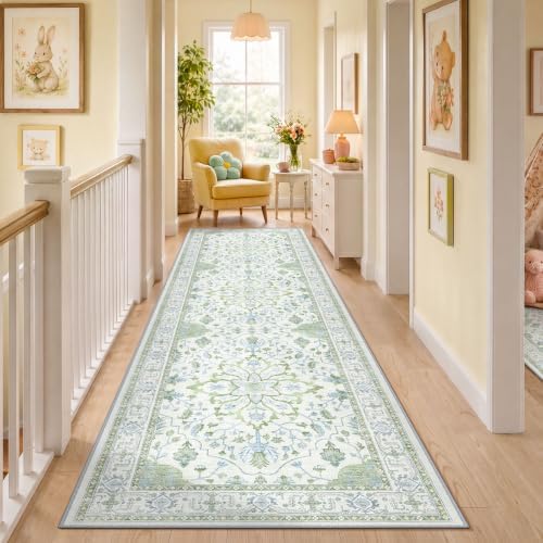 RELEANY Washable Area Rug, Runner 3'x9', Green/White/Blue - Image 2