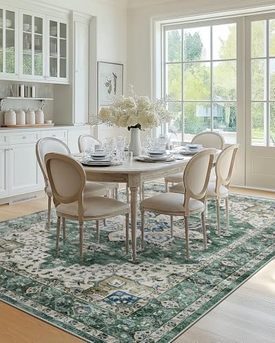 Amada 6x9 Washable Area Rug for Dining Room, Dark/Green, Vintage Pattern - Image 3