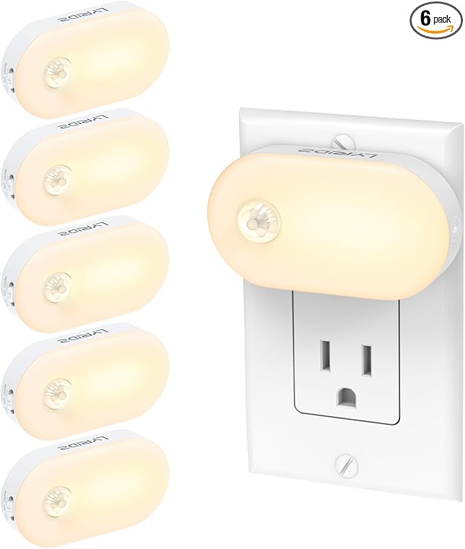 Lyridz Plug in Night Light with Motion Sensor, Smart Warm White LED Nightlights with 1-120LM Stepless Adjustable Brightness for Bathroom, Bedroom, Kitchen, Stairs, Hallway, 6 Pack