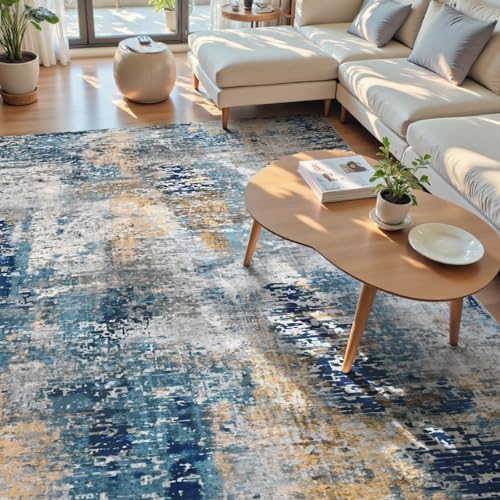 Living Room Rug 7x10 Ultramarine Area Rugs Machine Washable Abstract Boho Large Rug Non-Slip Non-Shedding Faux Wool Indoor Vintage Carpet for Bedroom, Classroom, Dining Room, Kids Playroom - Image 3