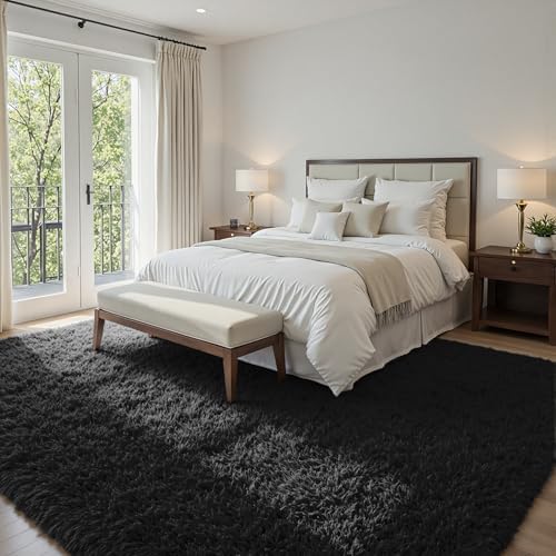 5x7 Fluffy Shag Area Rugs for Living Room Bedroom: Soft Plush Carpet Black - Image 4