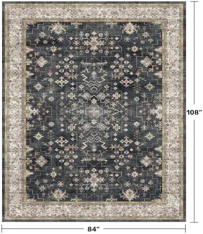Hazo Haus Boho Dining Room Rugs for Under Table - 7x9 Washable Black Area Rug for Living Room, Low Pile Non-Slip Rugs for Bedroom Under Bed - Charming Farmhouse Decor & Stain Resistance - Black/Multi - Image 2