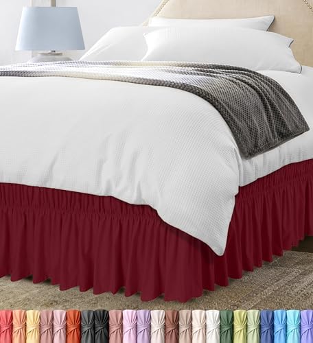 Wrap Around Queen Bed Skirt, Easy Fit Elastic Belt, 16 Inch Drop, Burgundy by UTOPIABEDDING