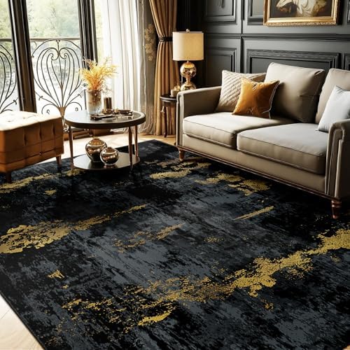 RELEANY Washable 6'x9' Abstract Area Rug for Living Room Black Gold by RELEANY