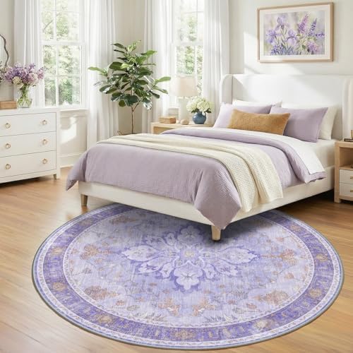RELEANY Washable Area Rug, Round 8ft, Purple - Image 3
