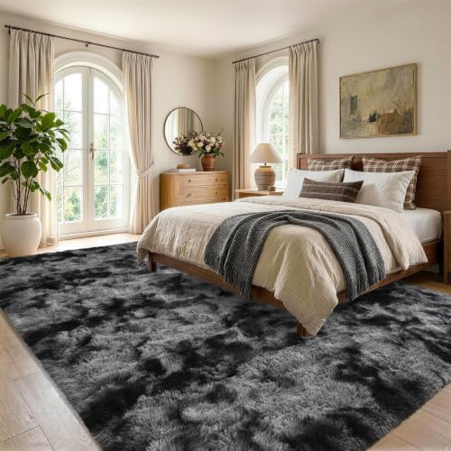 4x6 Tie-dye Dark Grey Fluffy Soft Area Rug Non-Slip for Bedroom Living Room - Image 3