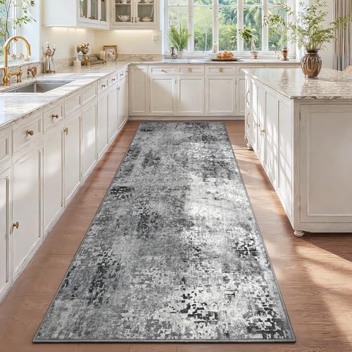 3x12 Grey Rug Runners for Hallways Kitchen Runner Rug Non Slip Washable Black Long Runner Rugs with Rubber Backing Soft Abstract Carpet Runner for Bedroom, Kitchen, Bathroom, Entryway - Image 3