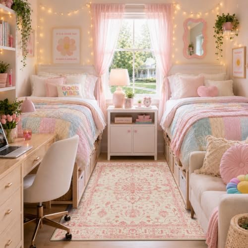RELEANY Washable Area Rug, 4'x6', Pink/Light Vintage Pink by RELEANY