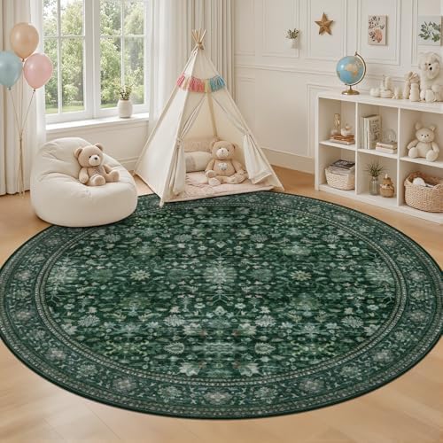 Round Area Rug for Living Room: 8ft Boho Washable Rug Deep Green - Image 5