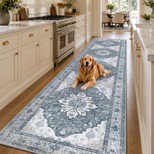 RELEANY Washable Area Rug, Runner 2'6"x14', Grey/White/Beige by RELEANY
