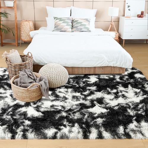 5x7 Tie-Dyed Black and White Fluffy Area Rug Non-Slip for Living Room - Image 4