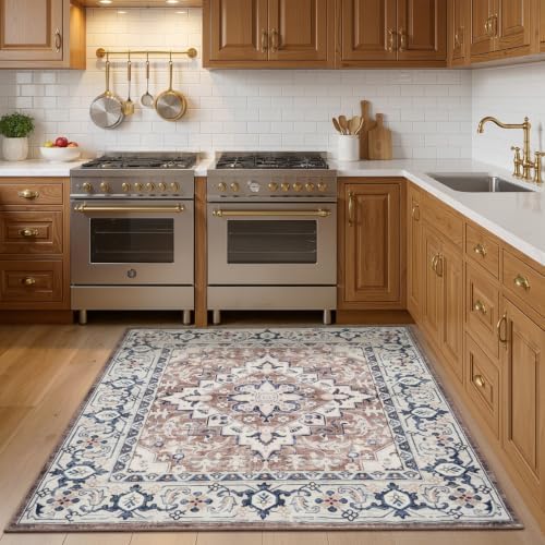 Lofus 4'x4' Square Washable Area Rug, Vintage Boho Floral Brown Carpet - Image 4