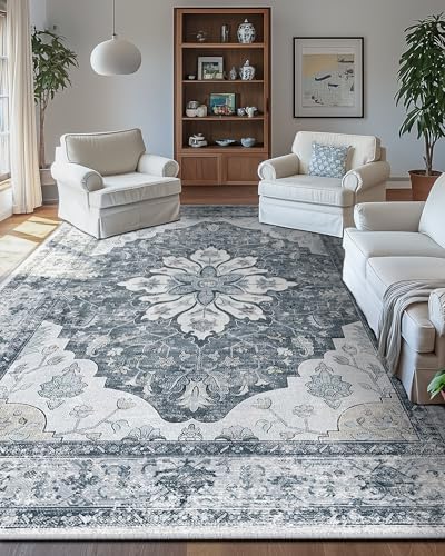 RELEANY Washable Area Rug, Large 9'x12', Grey/White/Beige - Image 4