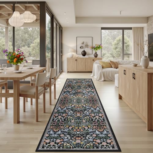 PLHXFR 3x10 Washable Runner Rug：Floral Indoor Kitchen Carpet Dark Black - Image 4