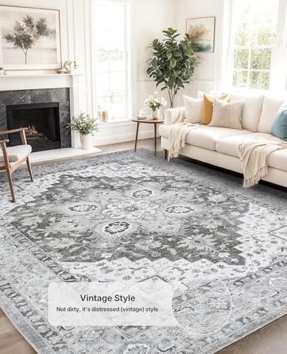 Amada 5x7 Washable Area Rug for Living Room, Light/Gray, Vintage Style - Image 5