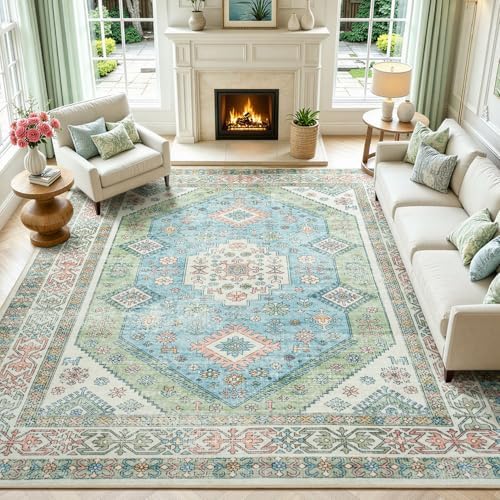 Lofus Living Room Rugs 8x10, Boho Sage Green and Light Blue Washable Carpet by Lofus