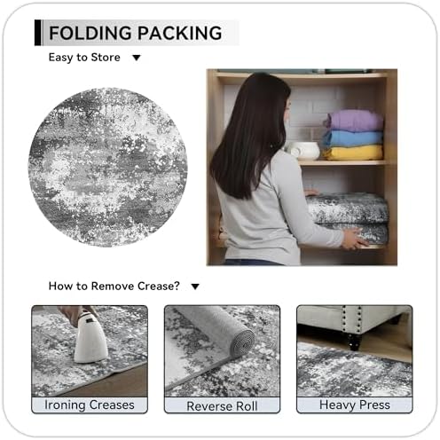 Round Area Rugs 6ft Washable Grey Circle Rug for Entryway Kitchen, Non Slip Soft Low Pile Stain Resistant, Boho Circular Carpet for Living Room Bedroom Dorm Dining Room Table, Abstract Gray - Image 5