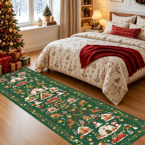 Vintage Christmas Runner Rug 2x8: Santa Claus Runners for Hallways Kitchen Non-Slip Washable Entryway Bathroom Rugs Winter Soft Low Pile Floor Carpet for Bedroom Holiday Decoration Present（2x8，Green） - Image 3