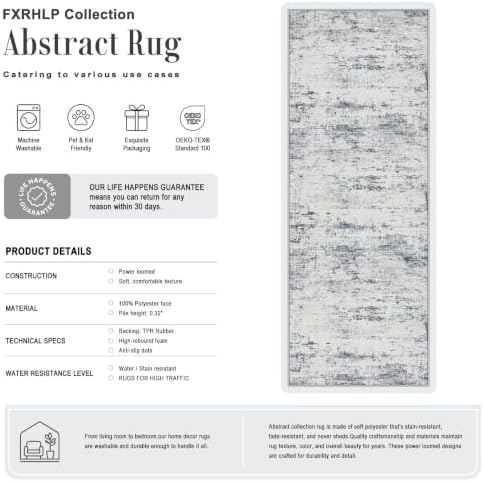 2.6x8 Washable Runner Rug：Modern Abstract Soft Carpet Blue Grey - Image 2