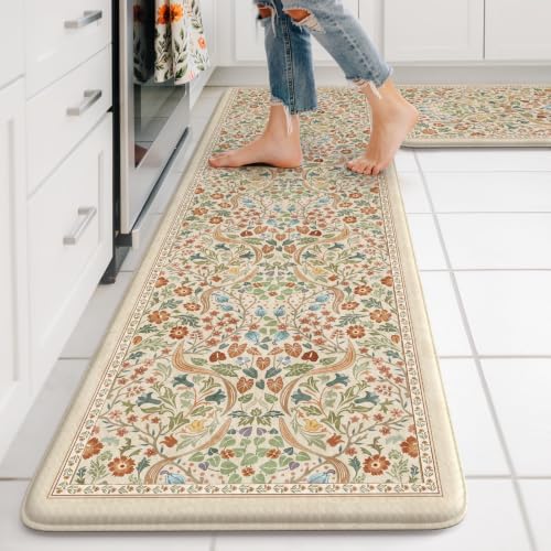 Collive Kitchen Mats Cushioned Anti Fatigue, Beige Floral Kitchen Floor Mat by Collive