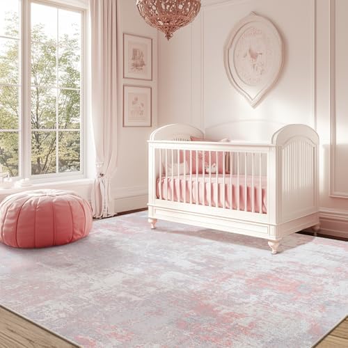 RELEANY Washable 7'x9' Abstract Area Rug for Living Room Gray Pink - Image 3