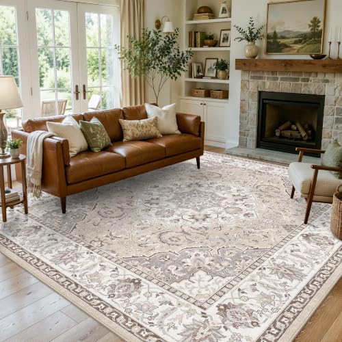 10x10 Square Living Room Rug: Washable Vintage Ultra Soft Carpet for Bedroom Office Dining Room Thin Non-Slip Kids Room Rug Farmhouse Durable Low Pile Floor Mat for High Traffic Areas(10x10，Beige) by HYHAOYUNLAI