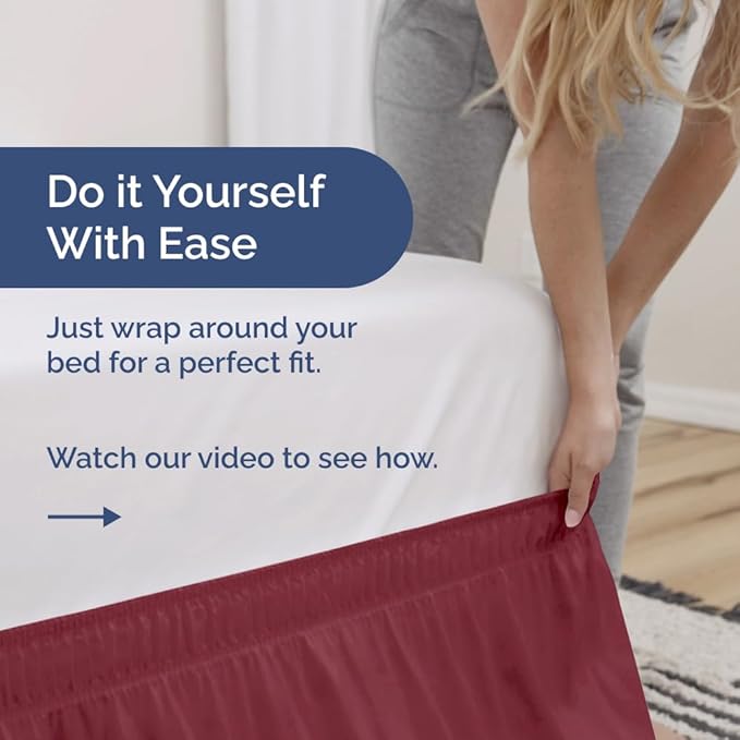 Wrap Around Dust Ruffle Bed Skirt - Burgundy - for Queen Size Beds with 24 Inch Drop - Elastic Strap - Adjustable Pleated Bedskirt with Brushed Fabric and Wrinkle Free - for Women, Men, Kids & Teens