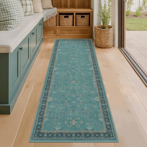 Hazo Haus Boho 2x6 Non Slip Kitchen Rug Runner - Teal Washable Rug for Bathroom, Laundry Room, Hallway, Non Slip with Rubber Backing, Floral Aqua Blue Unique Runner Décor - Image 3