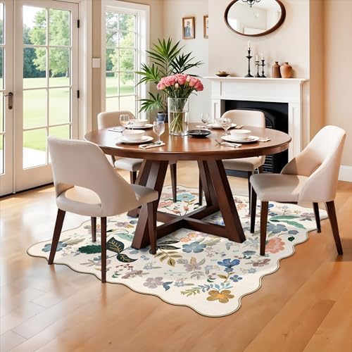 Floral Square Area Rugs for Family: Washable 5x5 Scalloped Carpet for Living Room Bedroom Soft Water Resistant Floor Mat with Non Slip Backing for Kitchen Nursery Dorms Farmhouse Home Decor(5x5,Cream) - Image 4