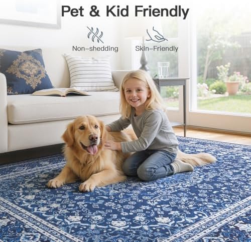 5x7 Area Rugs for Living Room, Washable Non-Slip Rug, Oriental Dark Blue - Image 4