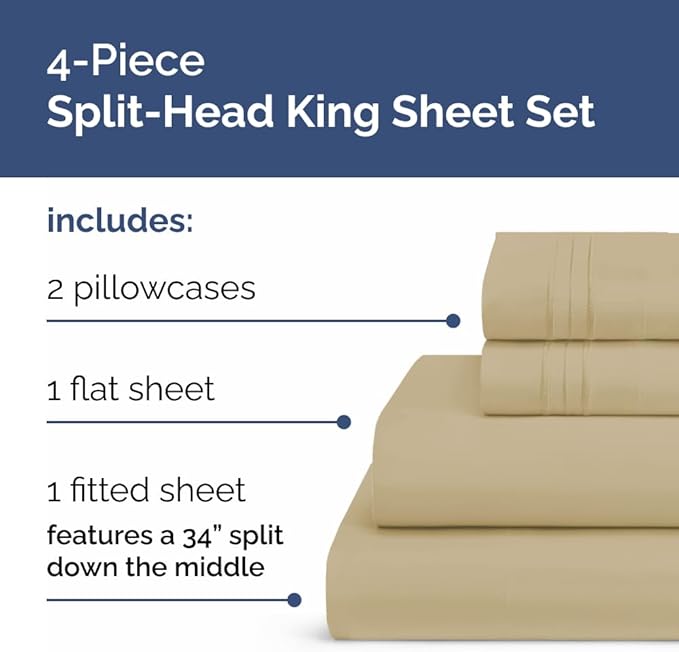 Split Head King Sheet Set – 4 Piece Flex Split Top King Sheets for Adjustable Beds - Fits 14” to 16" Mattress w/ Deep Pockets - Ultra-Soft, Breathable & Cooling - Luxury Bedding & Wrinkle Free - Beige