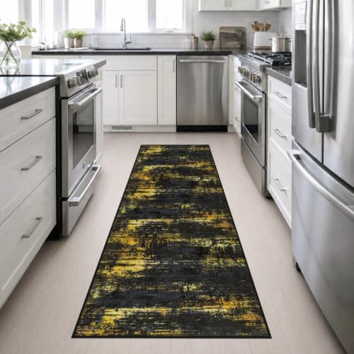 2.6x10 Washable Runner Rug:Modern Abstract Soft Carpet Black Gold - Image 4