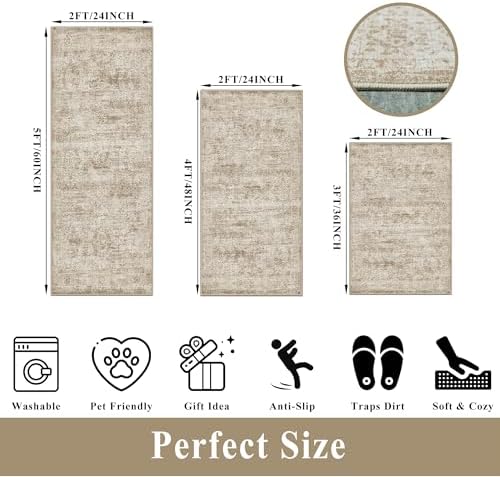 Kitchen Rugs Sets of 3,Washable Non-Slip Kitchen Mats for Hardwood Floor, Boho Farmhouse Kitchen Runner Rug for Sink,Entryway & Hallway & Bathroom (Beige Brown, 2x3+2x4+2x5) - Image 2