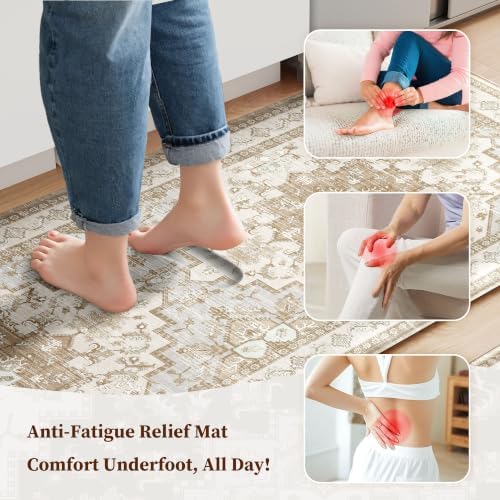 Boho Kitchen Mats for Floor 2PC Anti Fatigue Kitchen Rugs, Beige Tan - Image 3