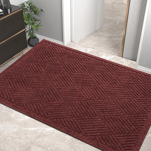 HIYARD Sturdy Front Door Mat, Absorbent Muddy Dirt Resist Welcome Door Mats Outdoor Indoor, Stain and Fade Resistant, Non-Slip Rubber Backing Low Profile Doormat for Entryway, 47×32, Red by HIYARD