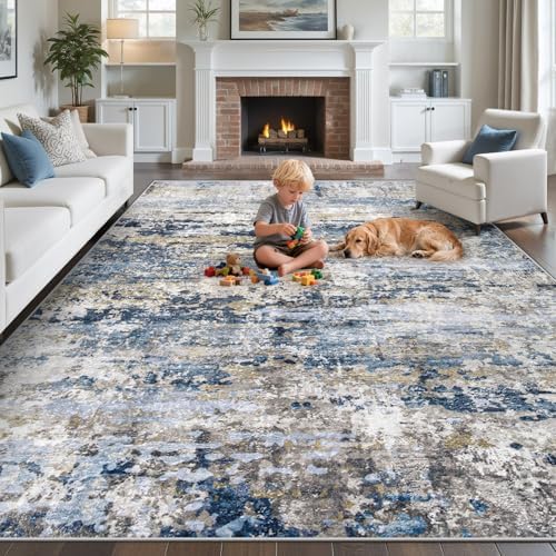 pmtsns Area Rugs 9x12 for Living Room: Washable Rug Modern Abstract Neutral Soft Non-Slip Low-Pile Indoor Large Carpet for Bedroom Dining Room Playroom Home Office (Blue Grey Brown, 9'x12') by pmtsns
