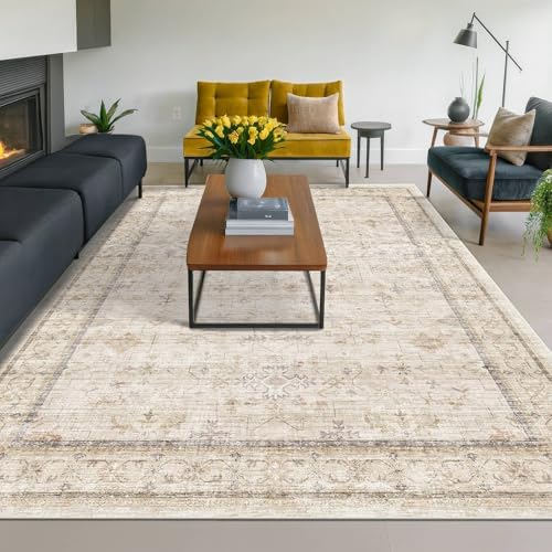 Washable Ivory 6x9 Living Room Rug, Non Slip Dinning Rugs for Under Table, Low Pile Neutral Farmhouse Retro Foldable Carpet for Bedroom, Office by HazoHaus