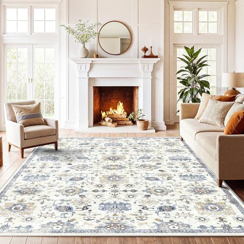 Amada 5x7 Washable Area Rug for Living Room, Blue/White, Vintage Pattern by AMADAHOMEFURNISHING
