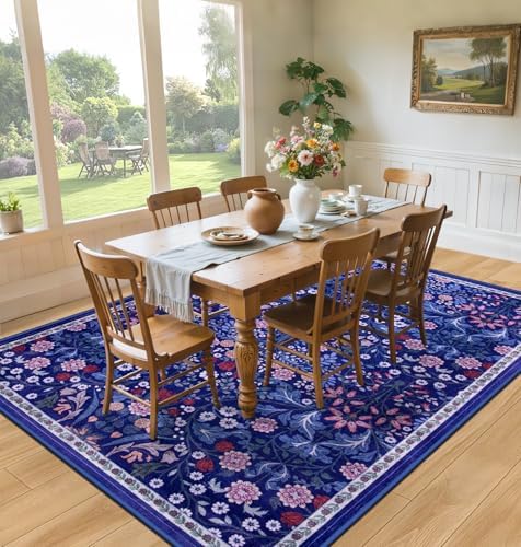 PLHXFR Area Rug 9x12 Living Room: Floral Washable Boho Soft Carpet Blue - Image 4