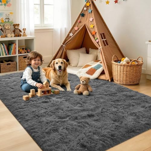 Noahas 4x6 Dark Grey Fluffy Soft Area Rug Non-Slip for Bedroom Living Room - Image 4