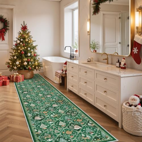 Madane Christmas Runner Rugs for Hallway 2x10, Green Washable Kitchen Rug - Image 3