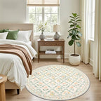 PLHXFR Round Area Rug Living Room: 4 ft Floral Washable Carpet Beige Multi - Image 3