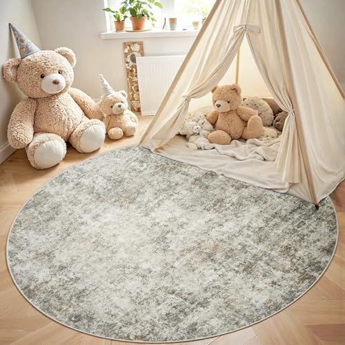 Aelenmu Round Rug 6ft Washable Rug for Dining Room Living Room Beige Brown - Image 4