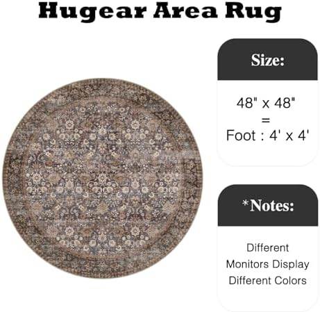 HUGEAR 4ft Round Brown Blue Vintage Floral Washable Rug for Living Room - Image 2