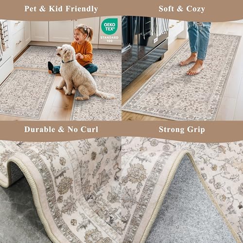 Washable 4x6 Kitchen Rug Non-Slip – Soft Stain-Resistant Low-Pile Indoor Floor Mat for Entryway Bedroom Living Room – Vintage Accent Area Rug (Beige, 4x6) - Image 4
