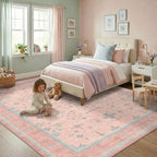 Pink Rugs for Bedroom Girls, 5x7 Washable Area Rug for Living Room Nursery Kids Baby Playroom Indoor Decor, Oushak Floral Vintage Low Pile Boho Non Slip Foldable Carpet - Image 3